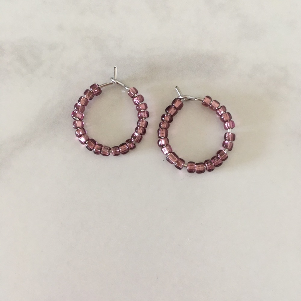 Tiny Silver Hoops with Amethyst Colored Beads